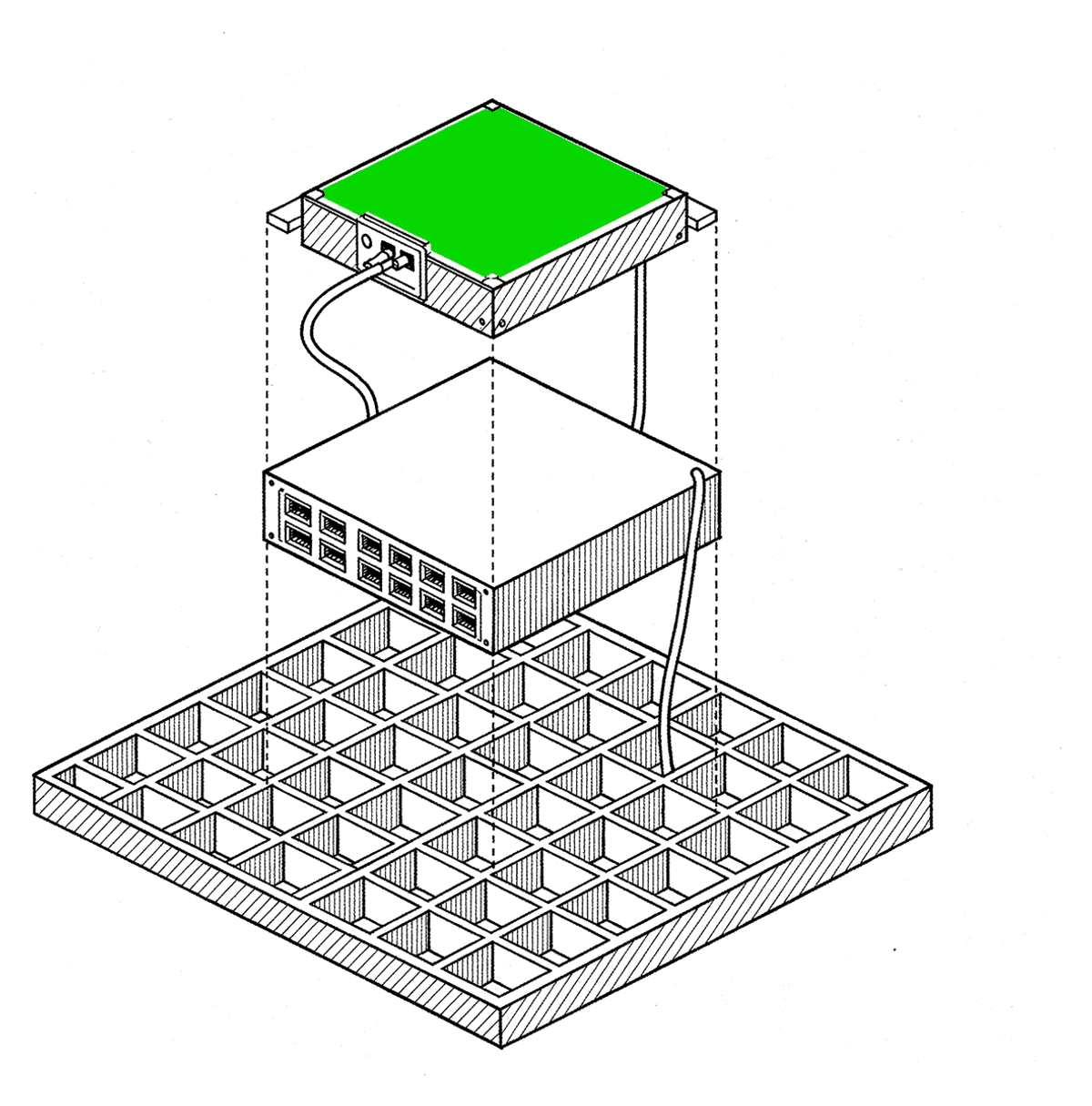 Exploded line drawing of a system in three layers: a container platform, a server module and an AI core.
