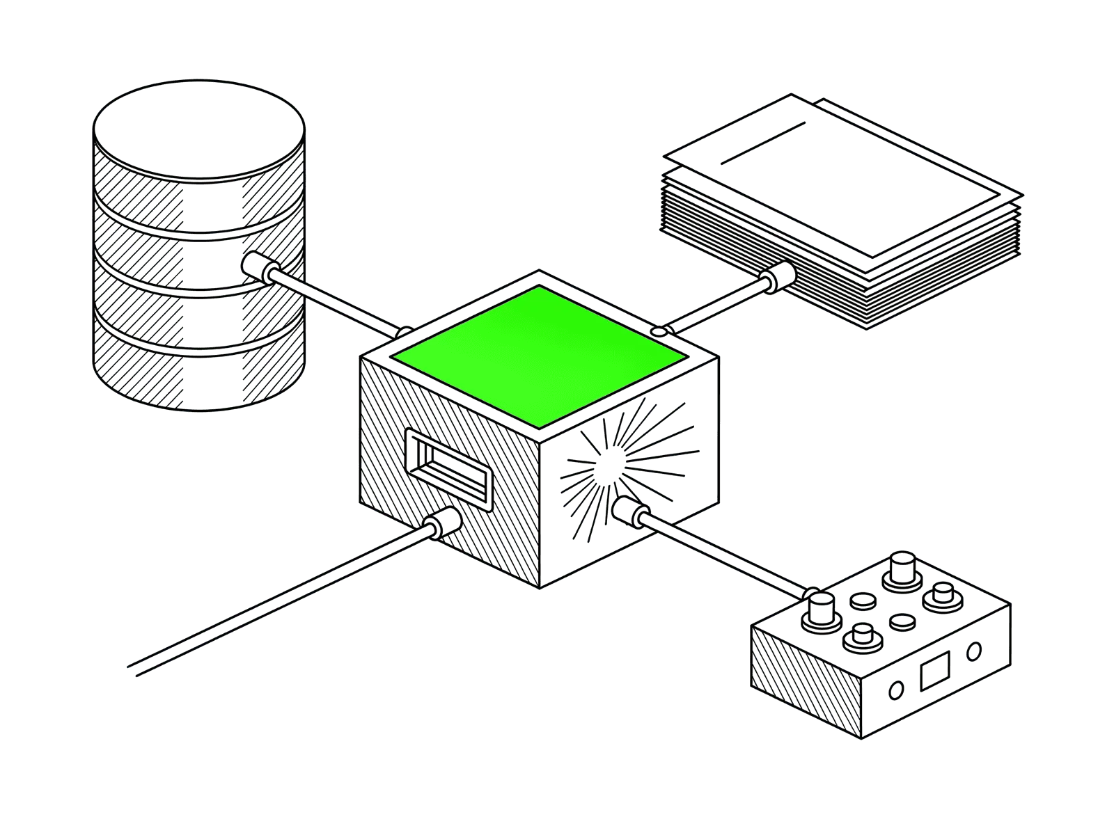 Line drawing of an AI agent core wired to a database, a stack of documents and a control box.