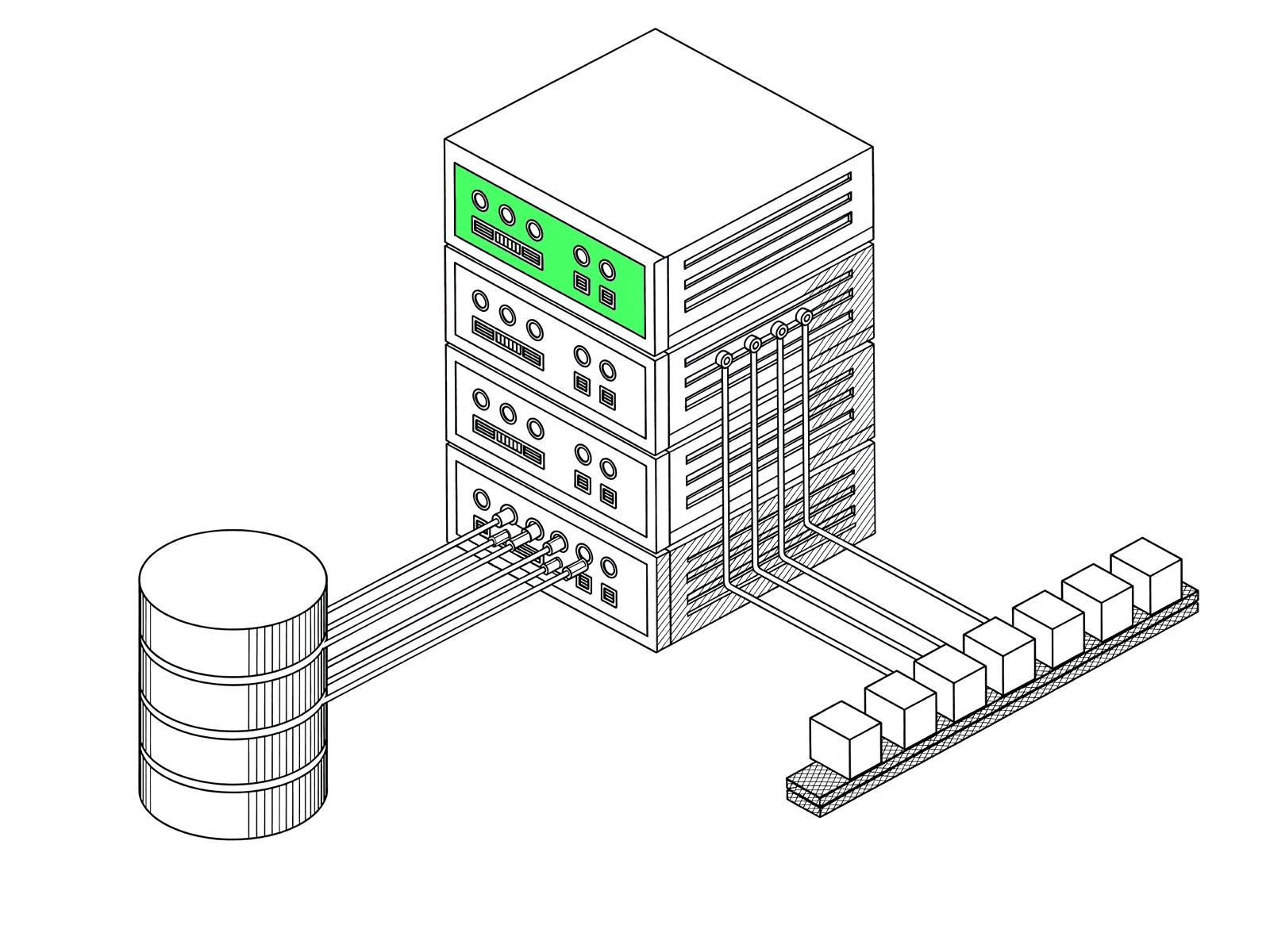 Line drawing of a stack of server modules connected to a database and a message queue.