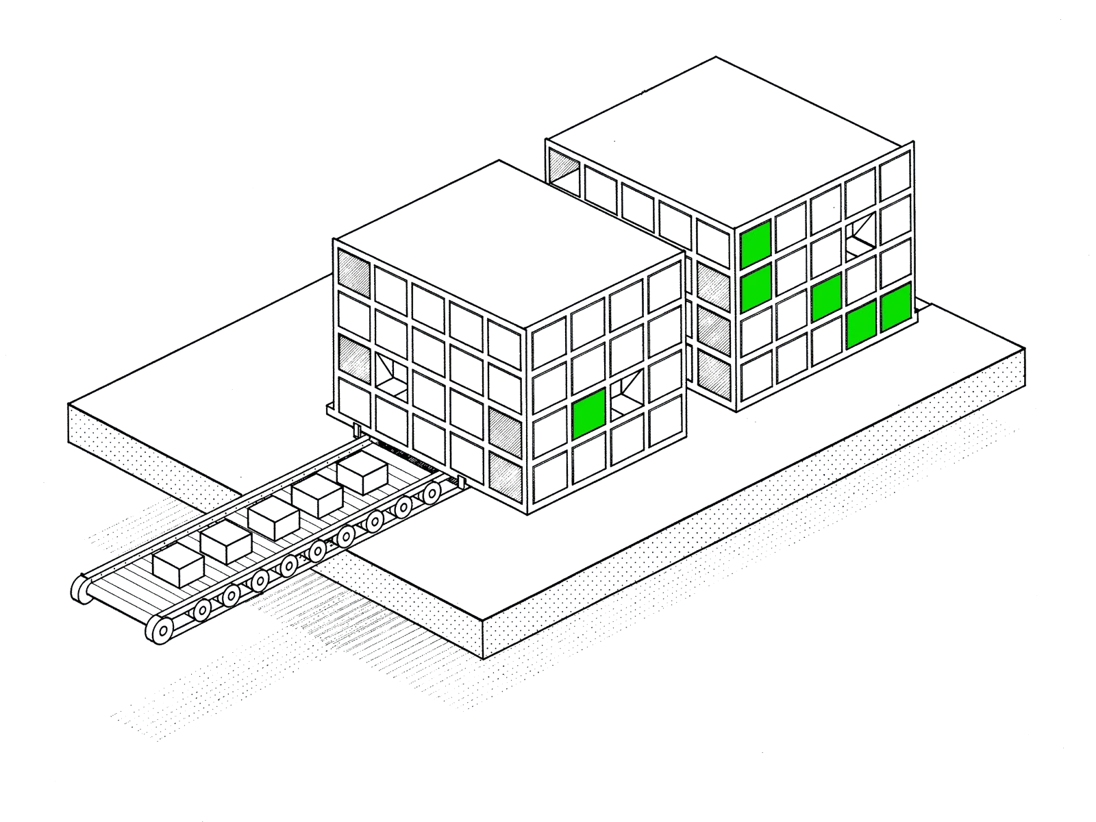 Line drawing of a container cluster on a platform, with a conveyor feeding new containers in.